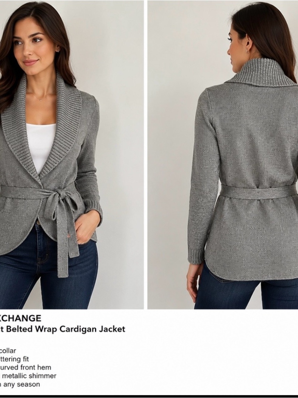 Armani Exchange Silver-Gray Shawl-Collar Belted Wrap Cardigan